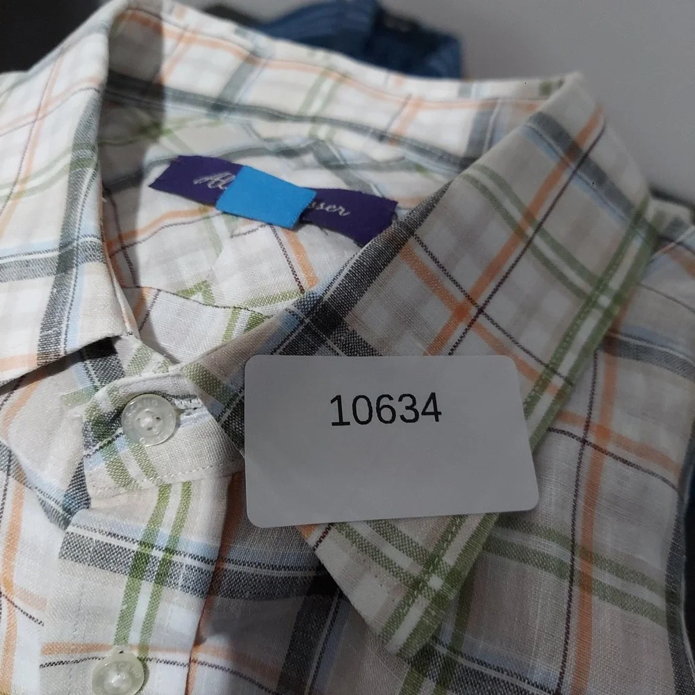 Alan‎ Flusser Shirt Mens XL Multicolor Plaid Short Sleeve Linen Button Up Casual
